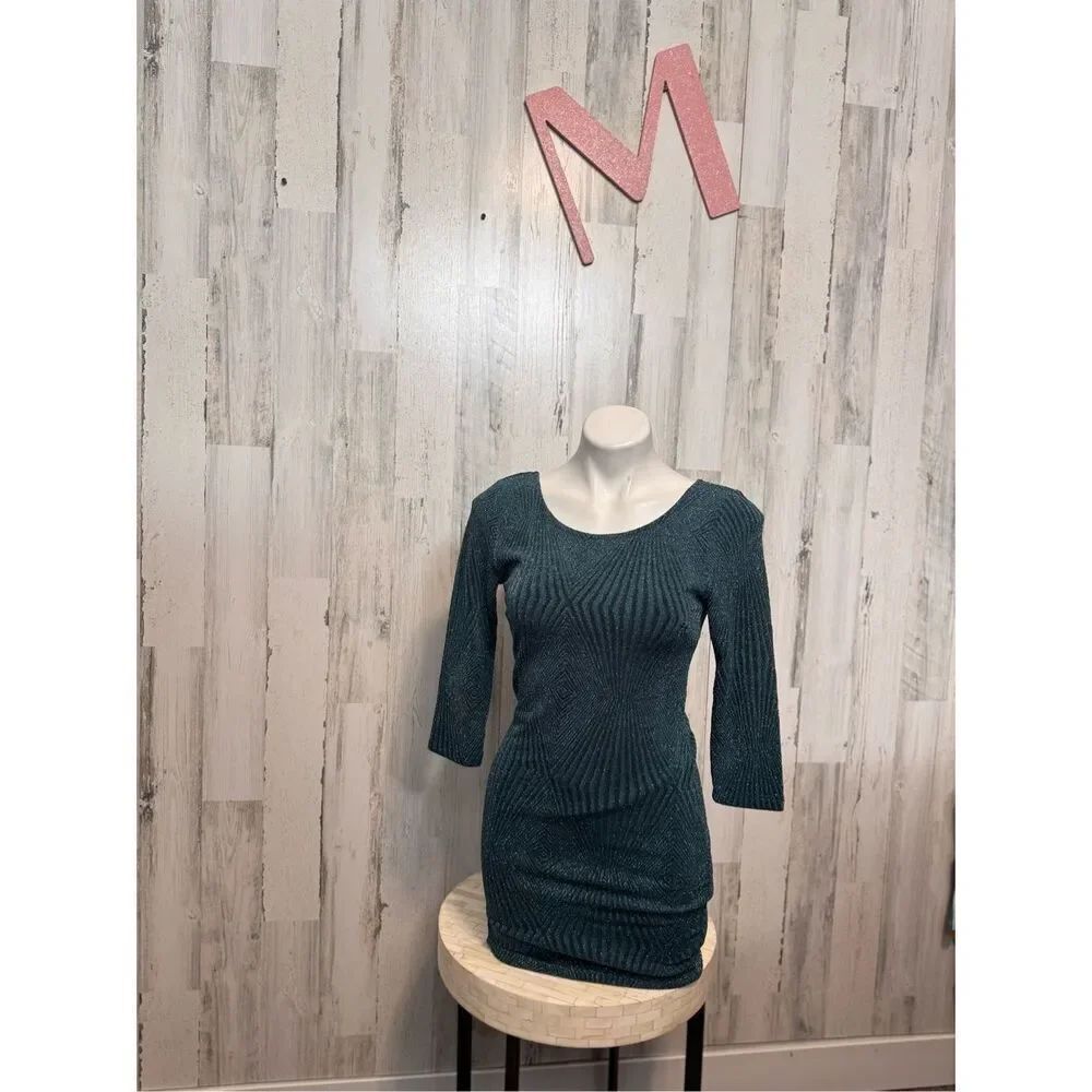 Trina Turk Teal Metallic Bodycon Dress Open Back 3/4 Sleeve Size 9